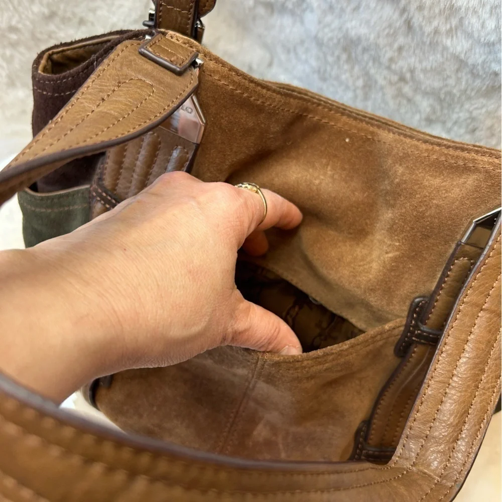 Tignanello brown suede leather colorblock shoulder bag purse w magnetic snap. H